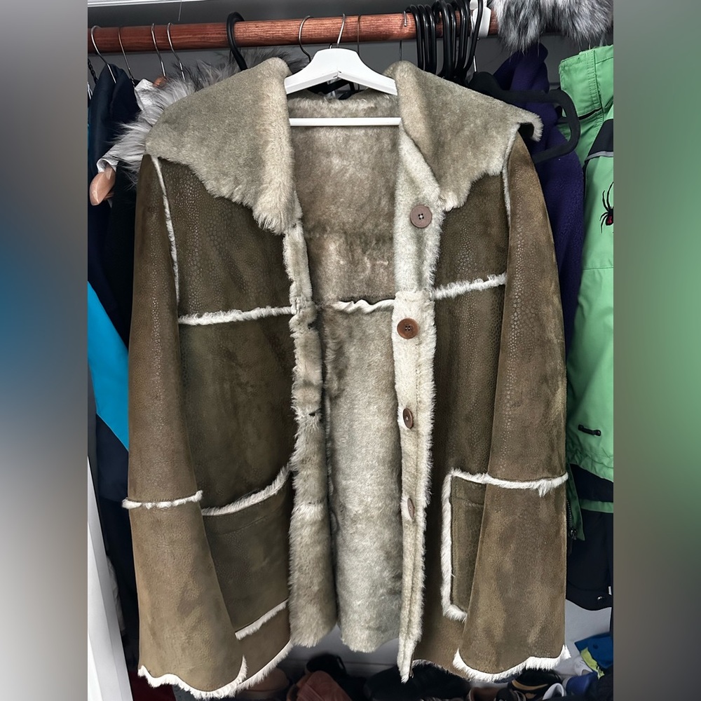 Olive Green genuine shearling coat reversible